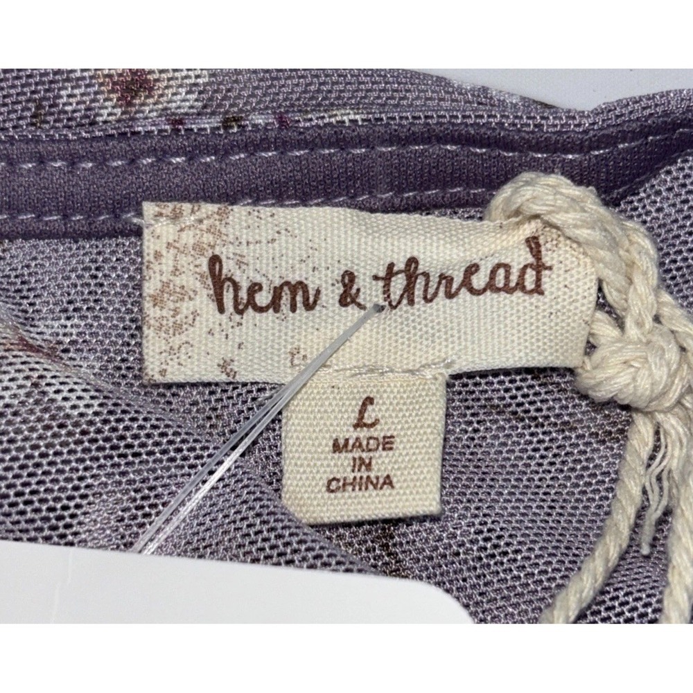 Anthropology Hem & Thread Sz L Ditsy Print Mesh Cabbage Long Sleeve Top Lavender - Picture 5 of 15